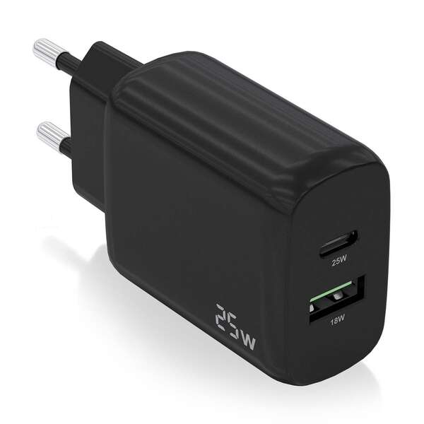Aisens Cargador 25W - 1Xusb-C Pd3.0 - 1Xusb-A Qc3.0 - Color Negro
