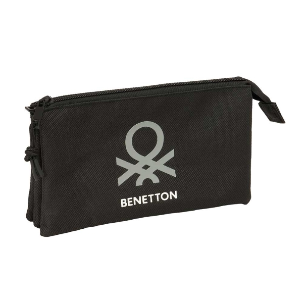 Safta Benetton Basics Portatodo - 3 Compartimentos Con Cremalleras - Bolsillo Interior - 0.6L - 220X30X120Mm - Color Negro