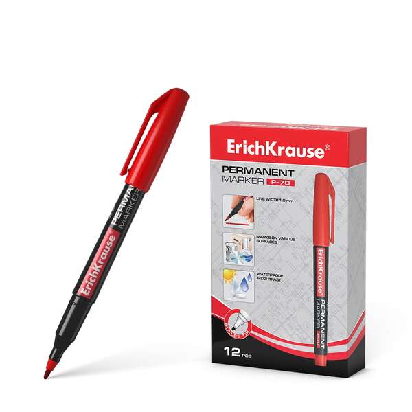 Erichkrause Marcador Permanente P-70 - Punta De Bala De 1.0Mm - Resistente Al Agua Y A La Luz - Color Rojo