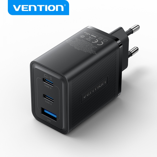 Vention Cargador De Pared Gan 3 Puertos Usb (C + C + A) (65W/65W/30W) - Eu - Color Negro