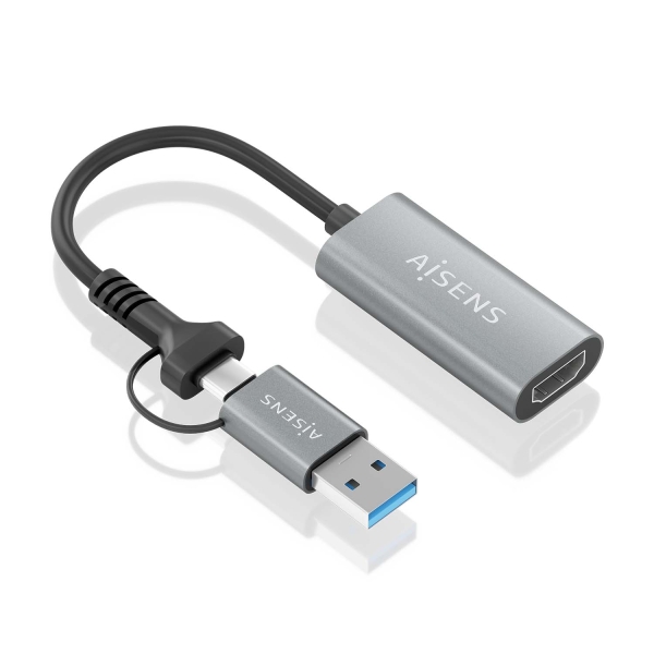 Aisens Conversor Aluminio Usb-A+Usb-C A Hdmi 1080P@60Hz - Usb-A/M+Usb-C/M-Hdmi/H - 15Cm - Color Gris