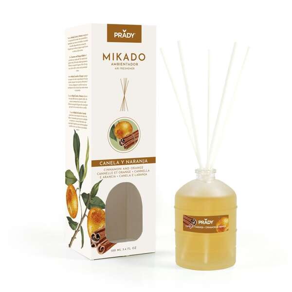 Prady Ambientador Mikado Canela Y Naranja - Frasco De Cristal 100Ml Y Varitas Difusoras