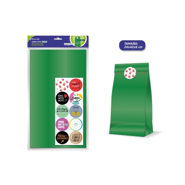 Bismark Pack De 10 Sobres Papel Kraft 50Grs Con 10 Pegatinas Para Cierre - Medidas 24X42X6Cm - Ideal Para Regalos - Color Verde