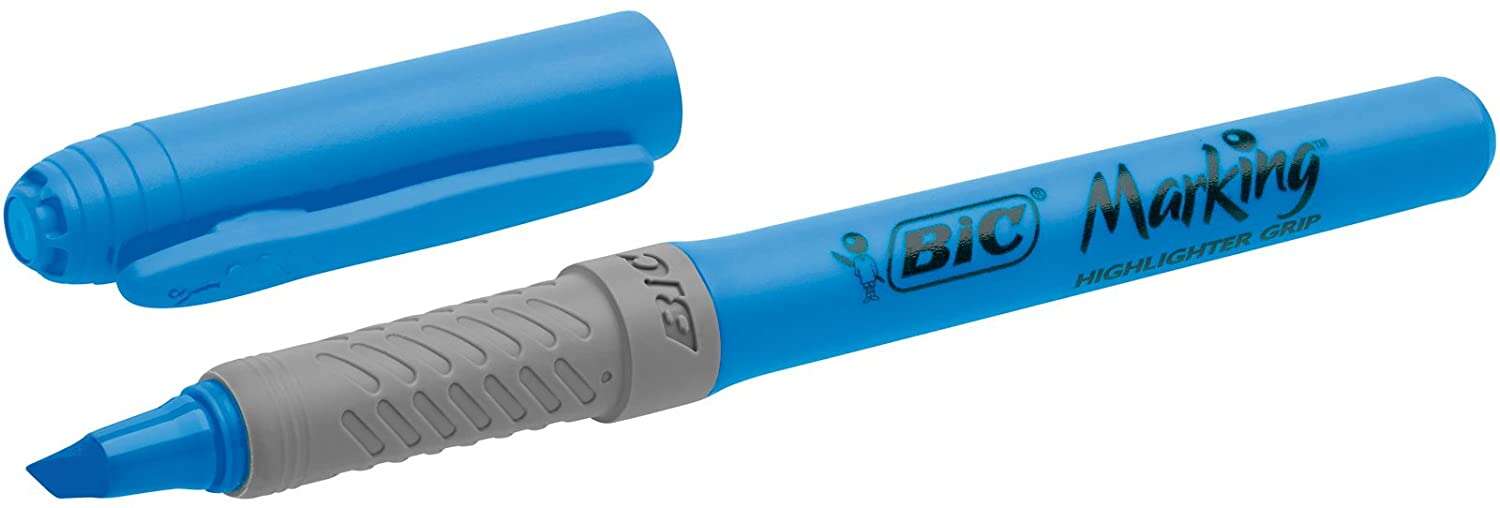 Bic Highlighter Grip Marcador Fluorescente - Tinta Con Base De Agua - Punta Biselada - Trazo Entre 1.60 Y 3.30 Mm - Color Azul