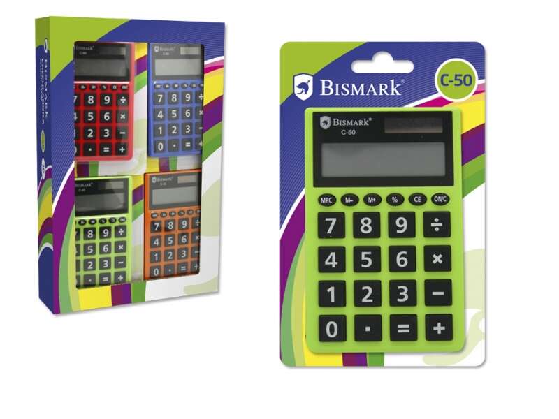 Bismark C-50 Calculadora Escolar De 8 Digitos - Funciones Basicas Y Memoria - Alimentacion Solar Y A Pilas - Colores Aleatorios Surtidos