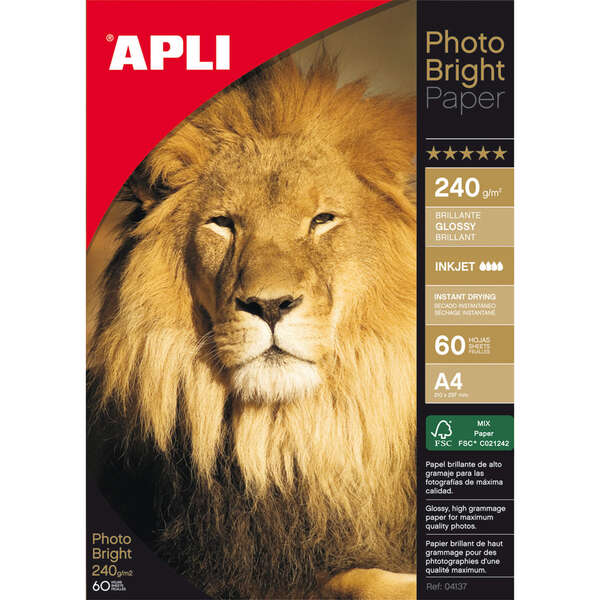 Apli Pack De 60 Hojas De Papel Fotografico Photobright A4 240G/M² - Acabado Brillante