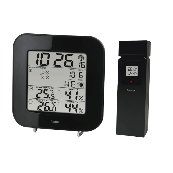 Hama Ews-200 Estacion Meteorologica - Reloj - Prevision Meteorologica - Sensor Exterior - Radiofrecuencia - Termometro - Higrometro - 11X2.5X11Cm - Color Negro