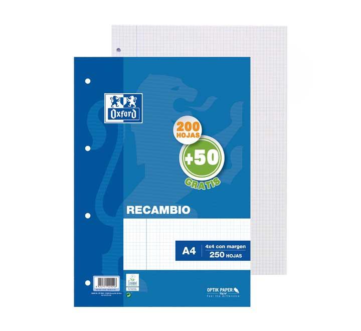 Oxford Recambio 200H + 50H A4 Sueltas 90Gr 4X4Mm C/Margen 4 Taladros