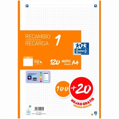Oxford Recambio Classic 120 Hojas A4 Sueltas 90Gr 5X5Mm 4 Taladros 1 Banda Color Naranja