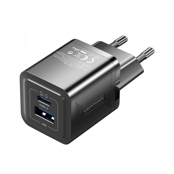 Vention Cargador De Pared Gan 2 Puertos Usb (C+A) (30W/30W) - Carga Rapida Eu - Color Negro