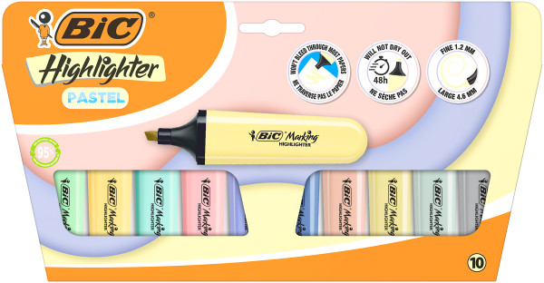 Bic Marking Highlighter Flat Pastel Pack De 10 Marcadores Fluorescentes - Punta Biselada - Trazo Entre 1.20 Y 4.60 Mm - Tinta Con Base De Agua - 4 Colores Pastel Y 6 Colores Pastel Mineral