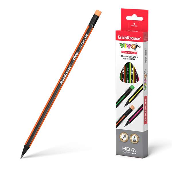Erichkrause Vivo Hb Lapiz De Grafito Triangular Con Goma De Borrar - Madera Seleccionada - Alta Resistencia Al Impacto - Facil Afilado - Cuerpo De Colores Surtidos
