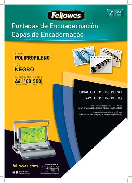 Fellowes Pack De 100 Portadas De Polipropileno A4 - 500 Micras - Acabado De Calidad - Color Negro