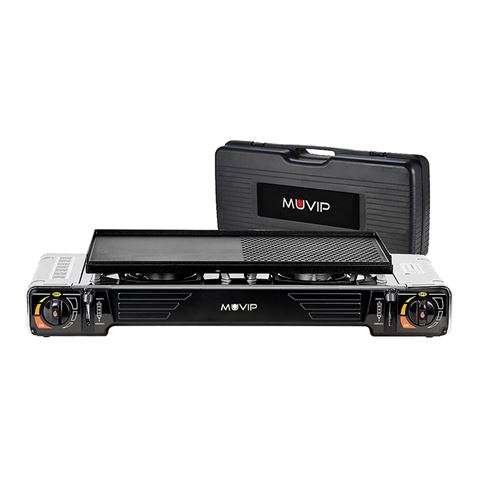 Muvip Cocina De Gas Portatil 2 Fuegos - Doble Bombona - Encendido Automatico - Quemador De Aluminio - Valvula De Doble Sellado - Proteccion Contra Sobretension - Plancha De Asado + Maleta De Transporte