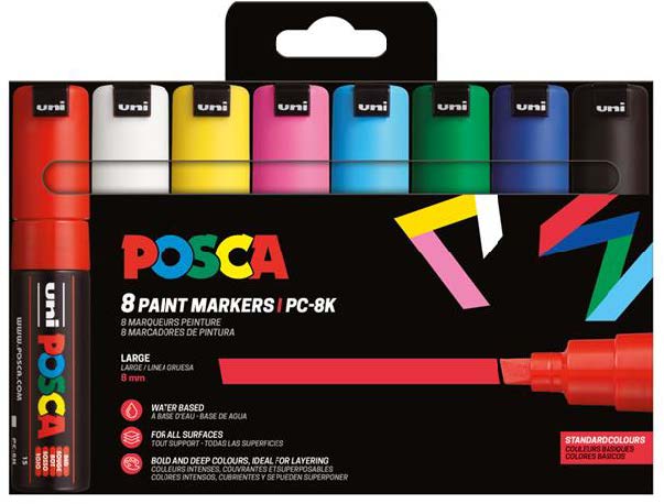 Posca Pc-8K/8C Estuche De 8 Marcadores De Pintura - Punta Biselada Acrilica 8Mm - Tinta Base Al Agua - Resistente A La Luz - Color Surtido