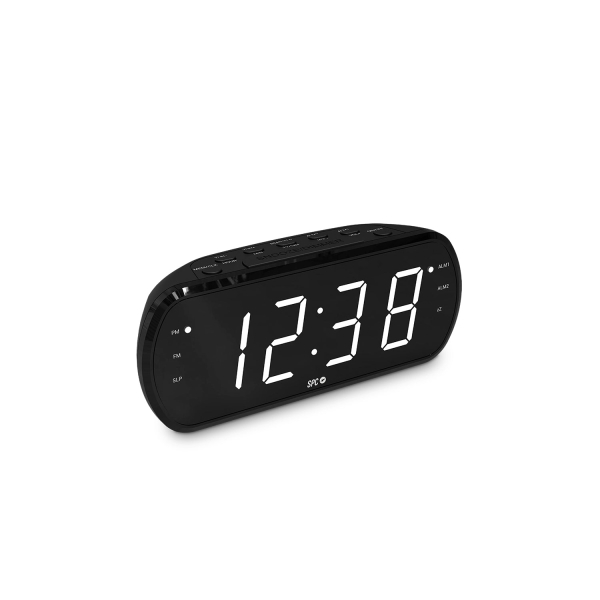 Spc Frodi View Radio Despertador Pantalla Led Xl - Brillo Regulable - Boton Snooze - Almacena 20 Emisoras De Radio - Color Negro