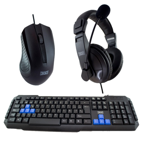 3Go Drile H2 Pack Usb Teclado Multimedia + Raton 1000Dpi 5 Botones + Auriculares Con Microfono - Uso Ambidiestro - Color Negro