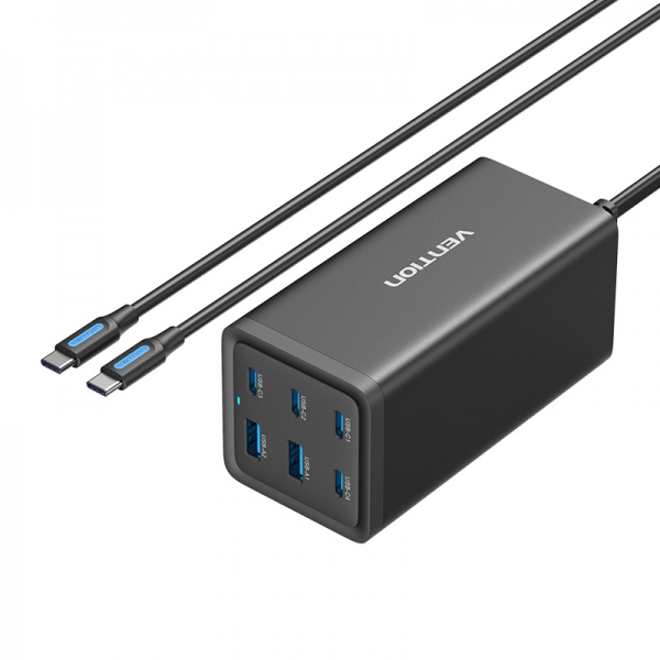 Vention Cargador Gan Portable 6 Puertos (200W/140W/45W/20W/18W/18W) - Kit Cable Negro Eu