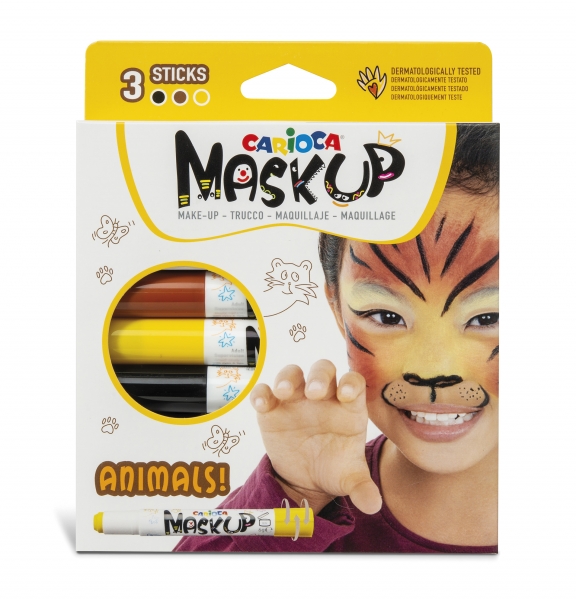 Carioca Mask Up Animals Pack De 3 Colores Para La Piel - Colores Brillantes - Lavables - Base Agua - Incluye Dos Tutoriales Paso A Paso - Colores Marron, Amarillo Y Negro
