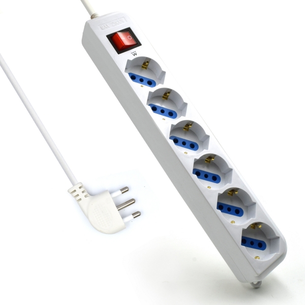 Ewent Regleta Con 6 Tomas Tipo L/F (Schuko) De 10/16A - Interruptor On/Off - Proteccion Contra Sobretensiones - Proteccion Infantil - Enchufe Italiano Plano En Angulo - Cable De 5M - Color Blanco