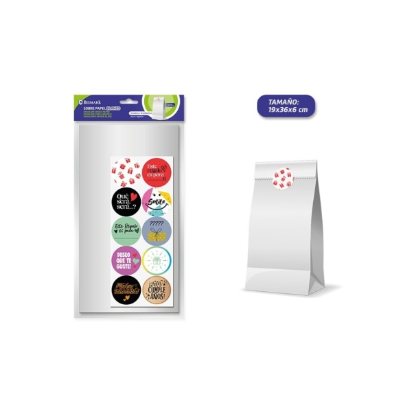 Bismark Pack De 10 Sobres Papel Kraft 50Grs Con 10 Pegatinas Para Cierre - Medidas 19X36X6Cm - Ideal Para Regalos - Color Blanco