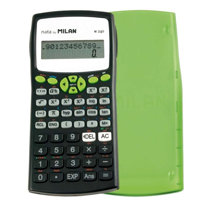 Milan M240 Calculadora Cientifica 10+2 Digitos - Pantalla De 2 Lineas - 240 Funciones Integradas Incluyendo 124 Cientificas - Carcasa Protectora Verde - Color Negro/Blanco/Verde/Gris