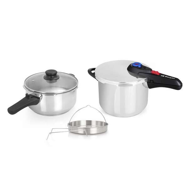 Orbegozo Hp 4566 Olla Rapida De Acero Inoxidable - Dos Ollas Con Sistema De Seguridad - Fondo Termo Difusor - Selector Gradual De Presion - Accesorio Para Cocinar Al Vapor