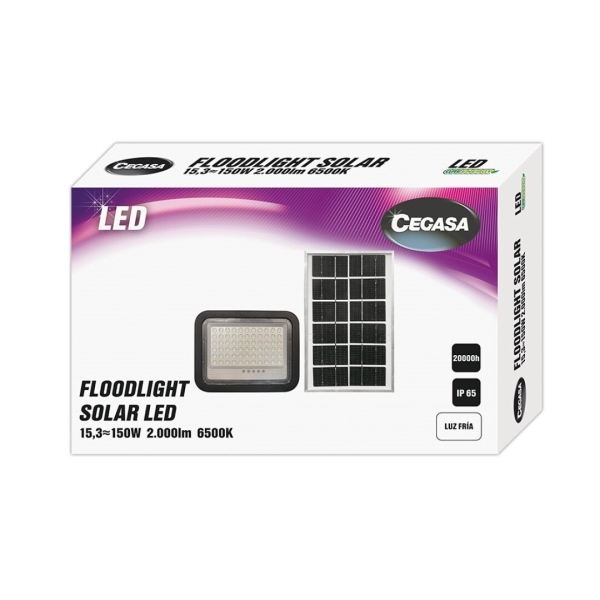 Cegasa Floodlight Foco Solar Led 2000Lm 6500K - Panel Solar Integrado 5V-15W - Autonomia Hasta 12H - Resistencia Ip65