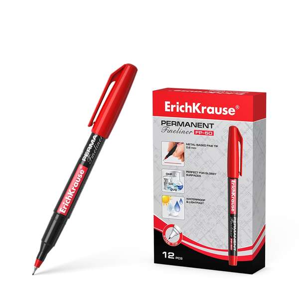 Erichkrause Marcador Permanente Fp-50 - Punta Fina De 0.6Mm - Resistente A La Luz Y El Agua - Color Rojo