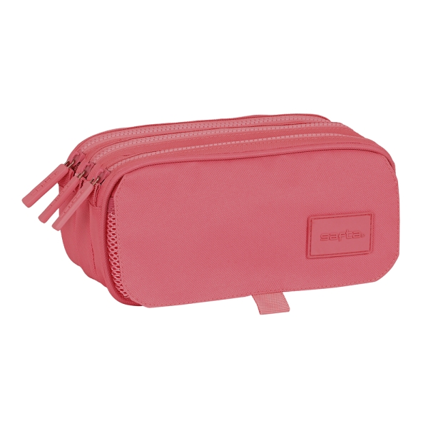 Safta Basic Portatodo - 3 Compartimentos Con Cremalleras - Bolsillo Frontal - Cinta Adaptable - 1.72L - 215X80X100Mm - Color Rosa