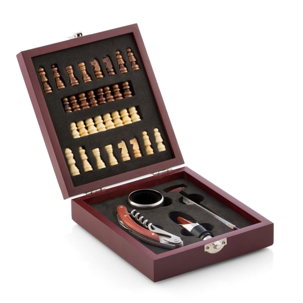 Innovagoods Set De 5 Accesorios Para Vino Con Juego De Ajedrez Completo - Material Madera Y Acero Inoxidable - Ideal Para Regalar - 15X5X17Cm - Color Marron