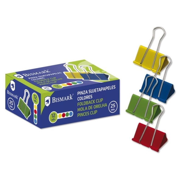 Bismark Pack De 12 Pinzas Sujetapapeles Metalicas De 25Mm - Pala Abatible - Colores Surtidos