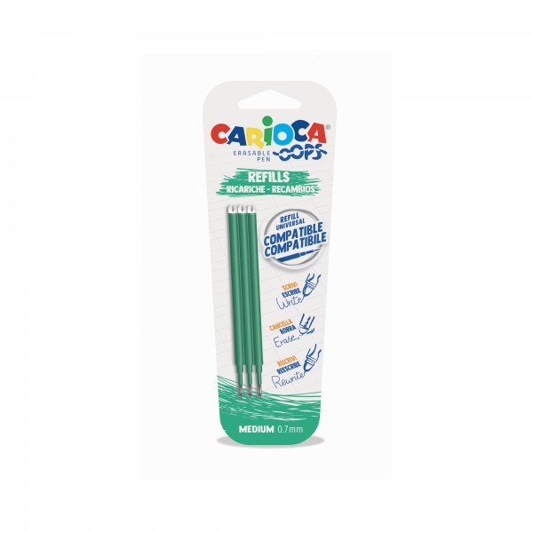 Carioca Oops Pack De 3 Recambios Para Boligrafo Borrable - Tinta Termo Sensible - Punta De 0.7Mm - Compatibles Con Boligrafo Oops - Color Verde