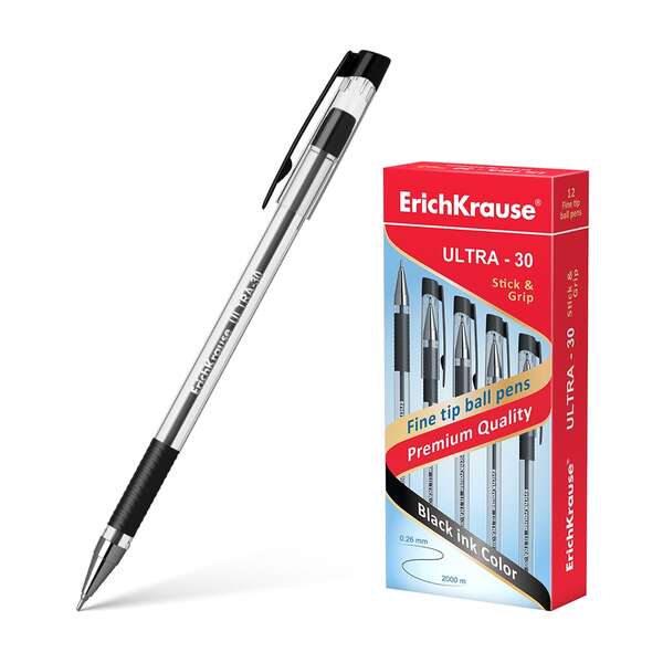 Erichkrause Boligrafo Ultra-30 - Recargable Con Punta Fina Fine Tip - Cuerpo Transparente Con Agarre De Goma - Tinta Color Negro - 2000M De Escritura Precisa Y Rapida - Color Negro