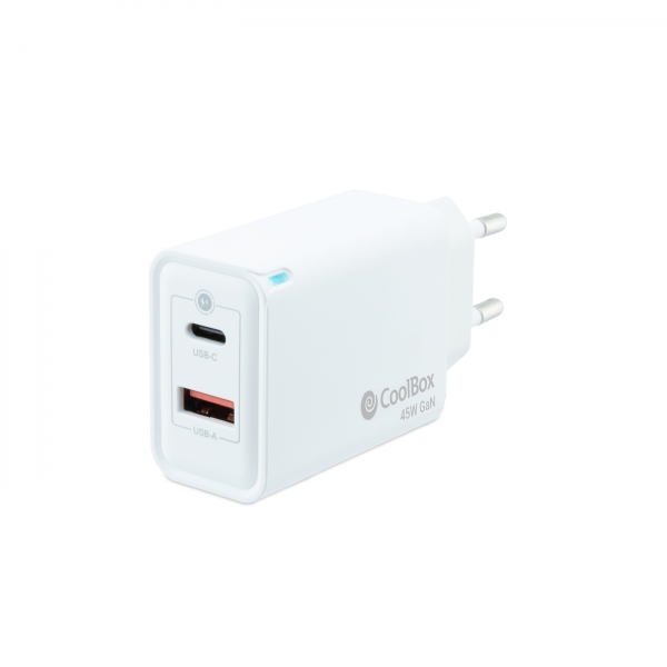 Coolbox Cargador De Pared 45W Qc3.0 + Pd - Usb-A + Usb-C - Carga Rapida - Tecnología Gan - Color Blanco