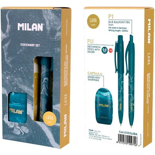 Milan Caja Regalo Serie Lava Con Bolígrafo P1, Portaminas Pl1 0.5 Y Afilaborra Capsule Azul