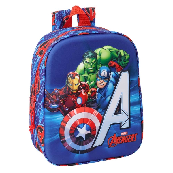Safta Avengers Mochila Guarderia 3D De 6L - Asa De Mano Superior - Asas Regulables Y Acolchadas - Cierre De Cremallera - 22X27X10Cm - Color Rojo Y Azul