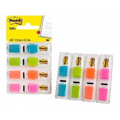 Post-It Index Pequeños Verde, Azul,Naranja, Rosa Brillante / 12X43Mm / 3 Dispensadores X 35 + 1 Gratis