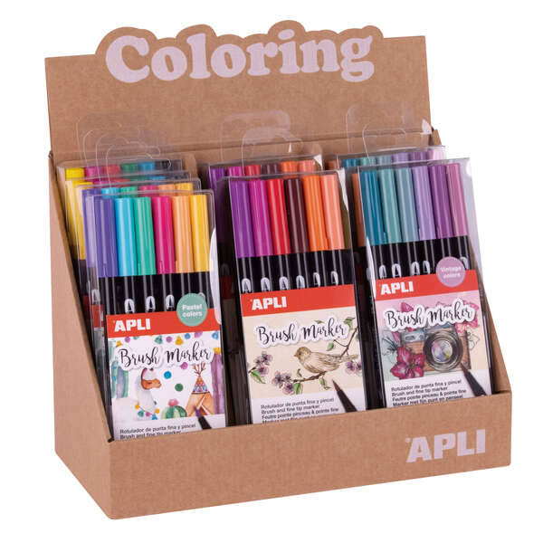 Apli Coloring Brush Markers - Expositor Con 8 Packs Surtidos - Doble Punta De Nylon Tipo Pincel De 1-4 Mm Y Punta Redonda De 1 Mm - Acuarelables Y Multifuncionales