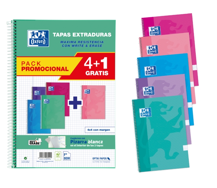 Oxford School Write&Erase Pack 4+1 De Cuaderno Espiral 80 Hojas Cuadricula 4X4 Con Margen - Tapa Extradura - Colores Surtidos