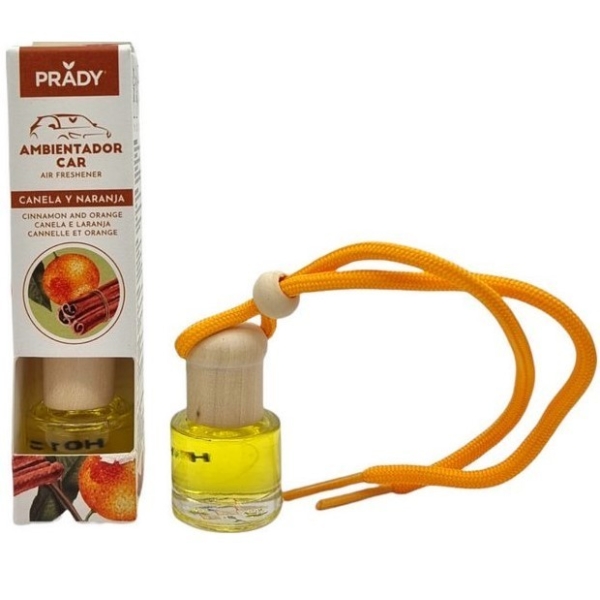 Prady Ambientador Coche Canela Y Naranja - Frasco De Cristal 6 Ml Y Cuerda Para Espejo Retrovisor