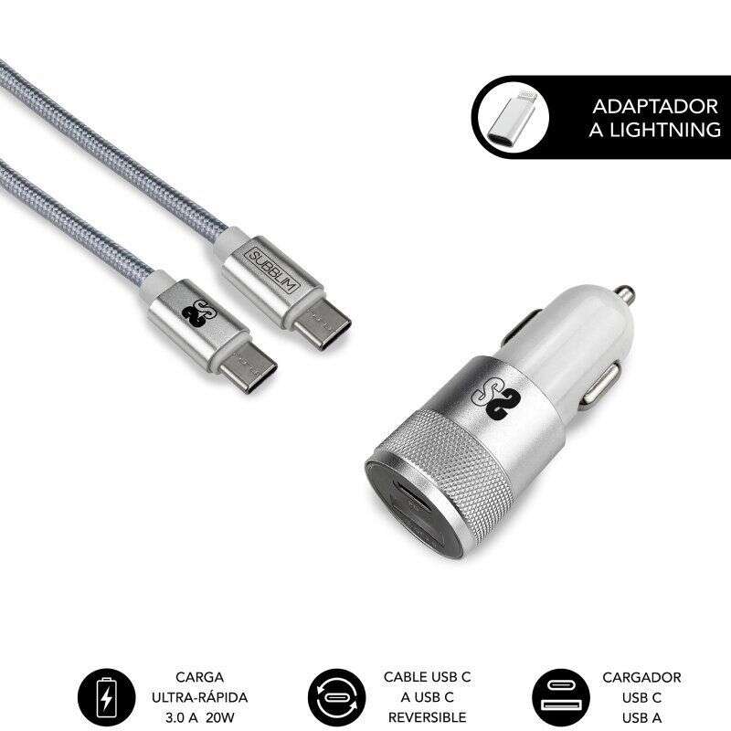 Subblim Cargador Coche Dual Pd20W+Qc3.0+C To C/Lightning Cable - 20W - Carga Rápida Simultánea - Cable Usb C Reversible - Color Plata