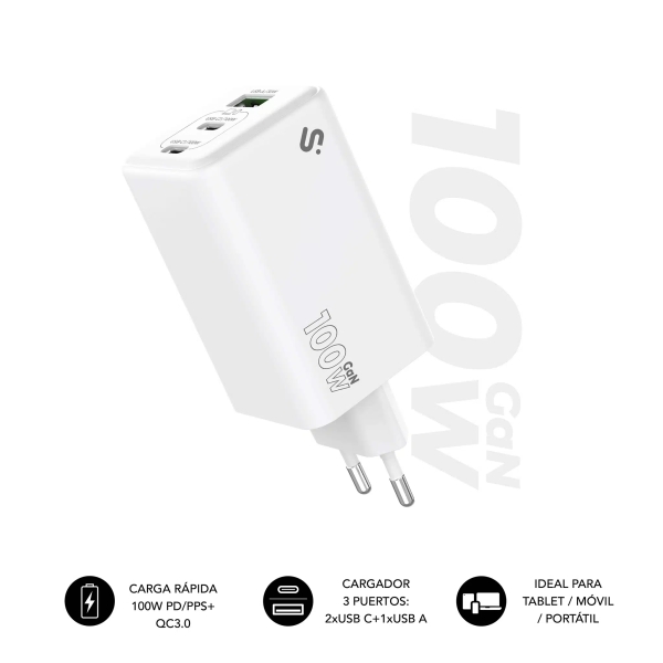 Subblim Cargador De Pared Gan 100W - 3 Puertos (2Xusb-C + 1Xusb-A) -  Carga Ultra Rápida - Color Blanco