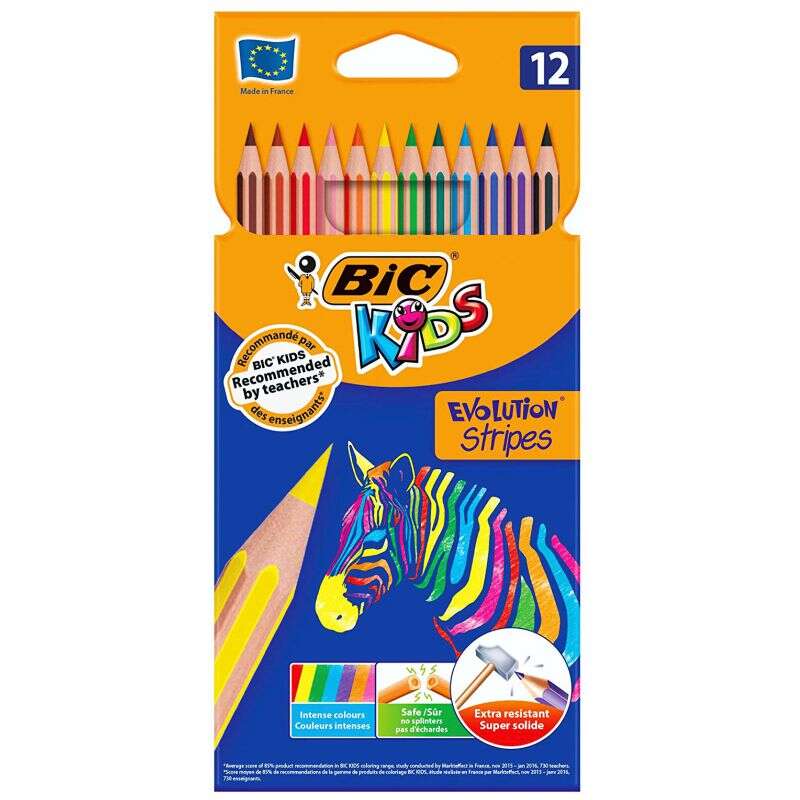 Bic Kids Evolution Stripes Caja De 12 Lapices De Colores Surtidos - Fabricados En Resina - Punta Ultraresistente - Mina Pigmentada De 3.20 Mm - Nueva Formula