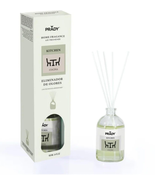 Prady Ambientador Mikado Neutralizador De Olores Para Cocina - Frasco De Cristal 100 Ml Y Varitas Difusoras