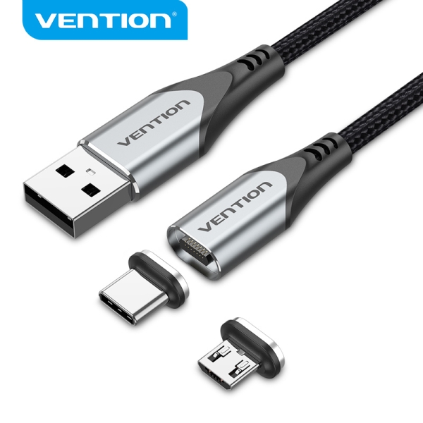 Vention Cqmhd Cable Usb-A 2.0 A Micro-B Y Usb-C Magnetico - Conectores Intercambiables - Transferencia 480 Mb/S - Color Gris