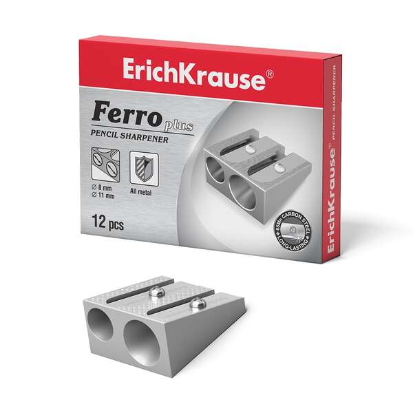 Erichkrause Ferro Plus - Sacapuntas Doble De Aluminio - Agarre Ergonomico - Dos Agujeros De 8Mm Y 11Mm - Cuchilla De Acero Al Carbono En Forma De Espiral - Color Plata