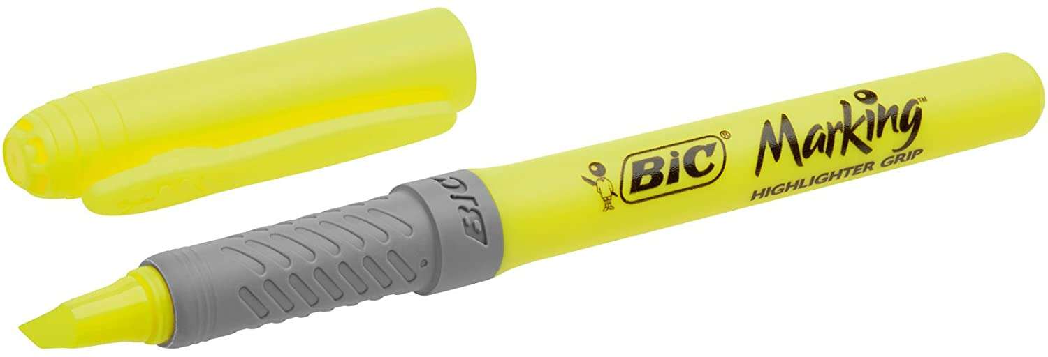 Bic Highlighter Grip Marcador Fluorescente - Tinta Con Base De Agua - Punta Biselada - Trazo Entre 1.60 Y 3.30 Mm - Color Amarillo