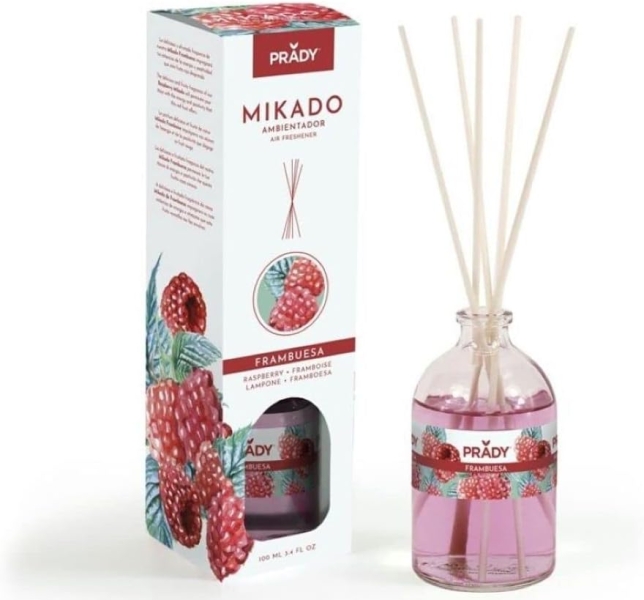 Prady Ambientador Mikado Frambuesa - Frasco De Cristal 100 Ml Y Varitas Difusoras