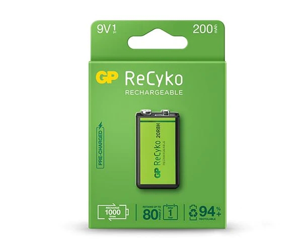 Gp Recyko Pila Recargable 200Mah 9V - Precargada - Ciclo De Vida: Hasta 1000 Veces